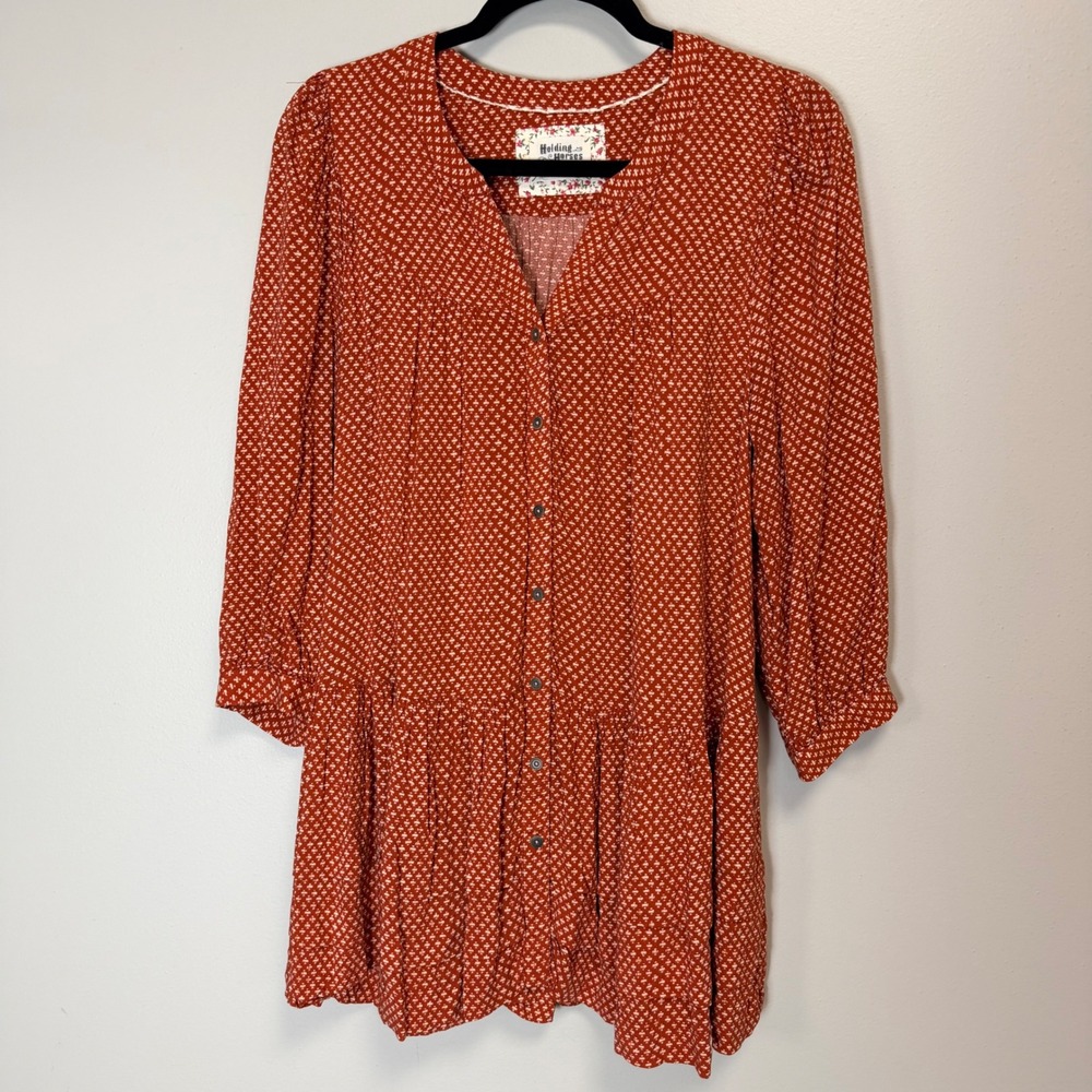 Holding Horses Anthropologie Rust Orange Geometric Print Button Front Small